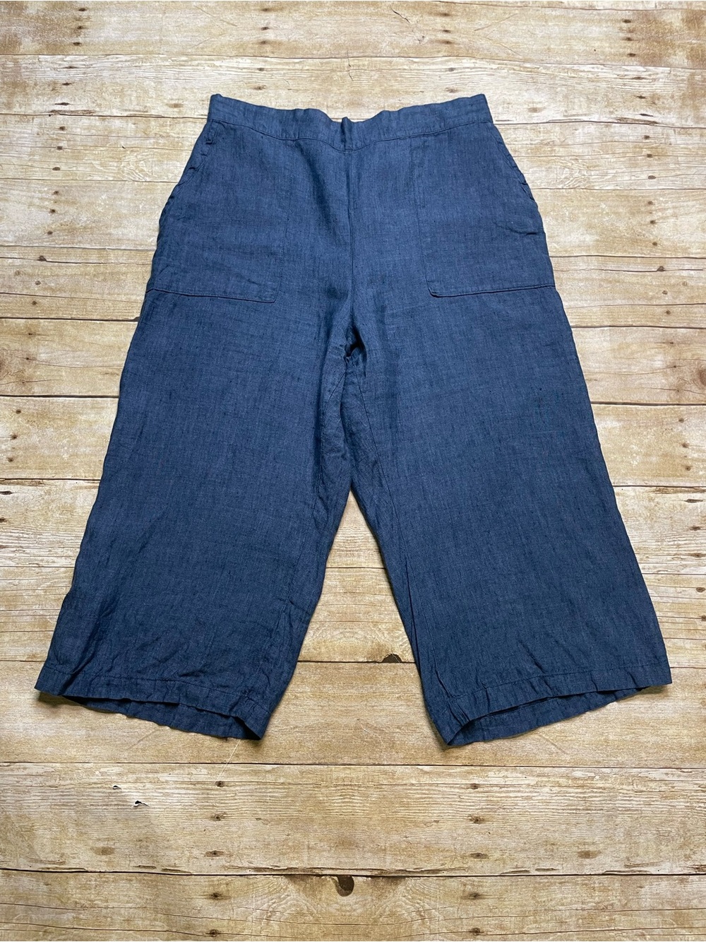 Flax 100% Linen Blue Wide Leg Crop Capri  Pants